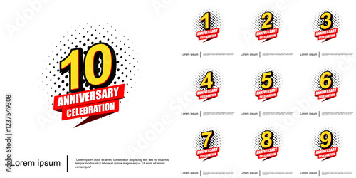 Set of 1st-10th years anniversary celebration emblem. anniversary logo isolated with red ribbon on white background. vector illustration template design for web, flyers, poster, greeting card