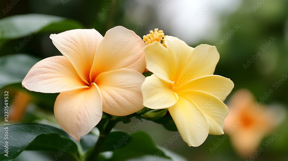 Fototapeta premium Elegant Yellow and Peach Hibiscus Flowers with Lush Green Leaves in Natural Setting : Generative AI