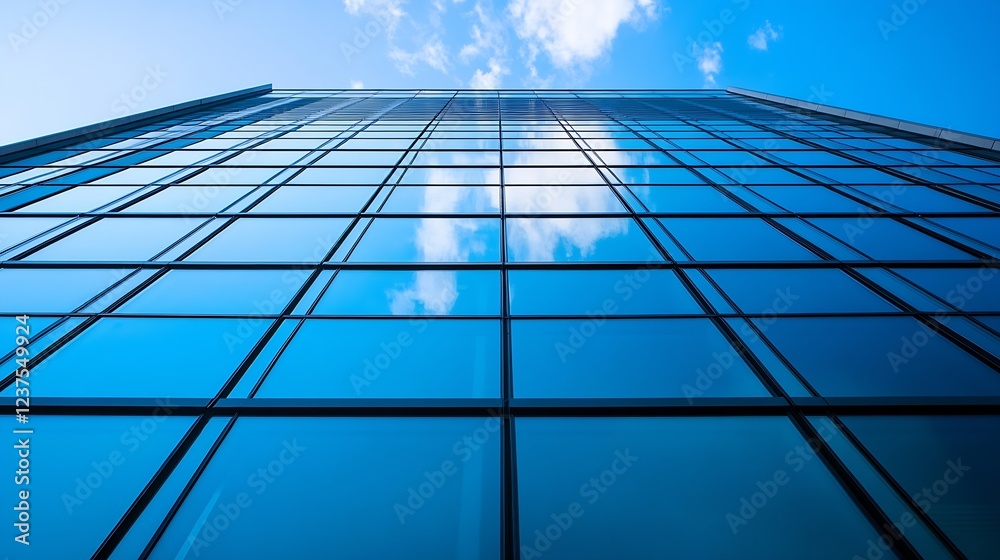 Modern Glass Building Reflecting Clear Blue Sky and Cloud Formations : Generative AI Modern Glass Building Reflecting Clear Blue Sky and Cloud Formations : Generative AI