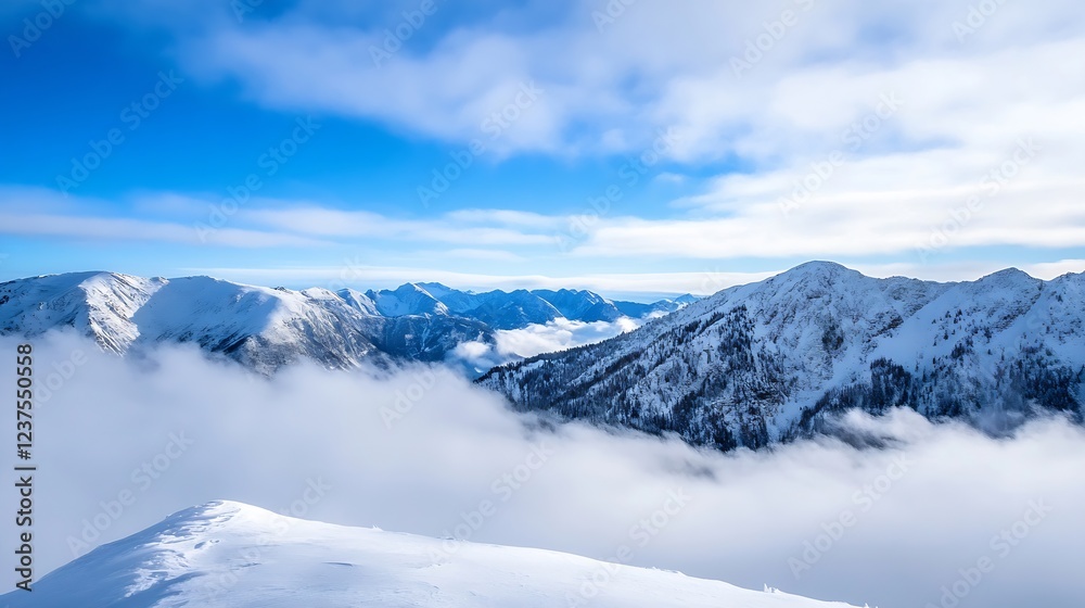Fototapeta premium Majestic Snow Capped Mountain Peaks and Blue Sky Panorama with Serene Winter Atmosphere : Generative AI