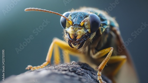 Close Up View of Colorful Wasp with Intricate Details on Textured Branch Background : Generative AI photo