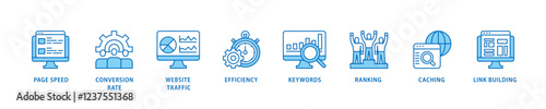 Website optimization icon set flow process which consists of page speed, conversion rate, website traffic, efficiency, keywords, ranking, caching  icon live stroke and easy to edit .