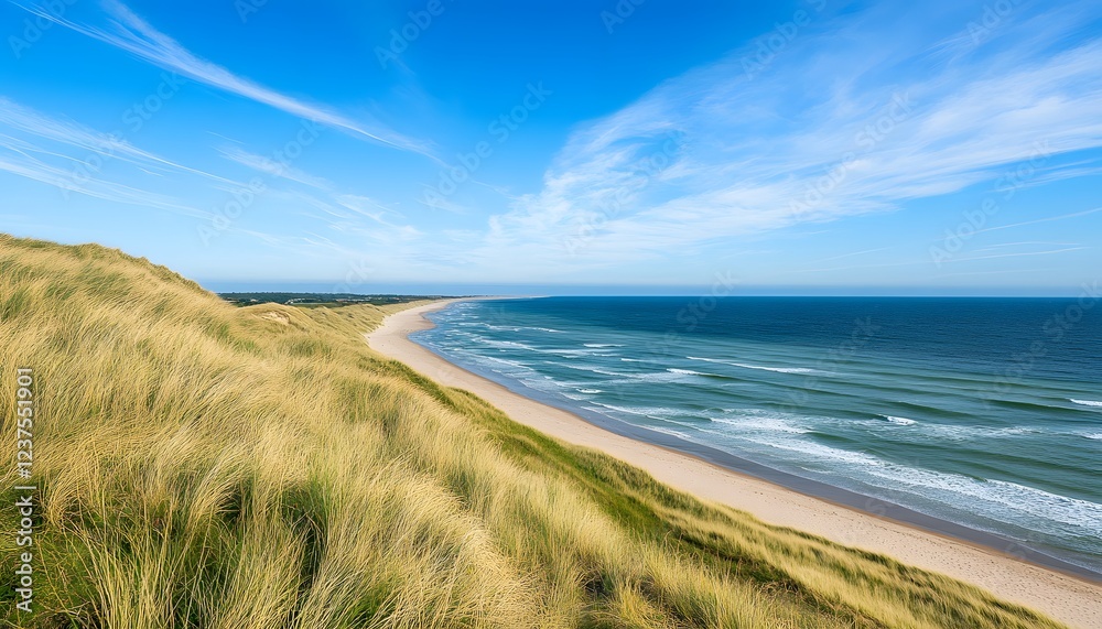 Coastal Dune Landscape with Ocean Waves and Blue Sky Coastal Dune Landscape with Ocean Waves and Blue Sky