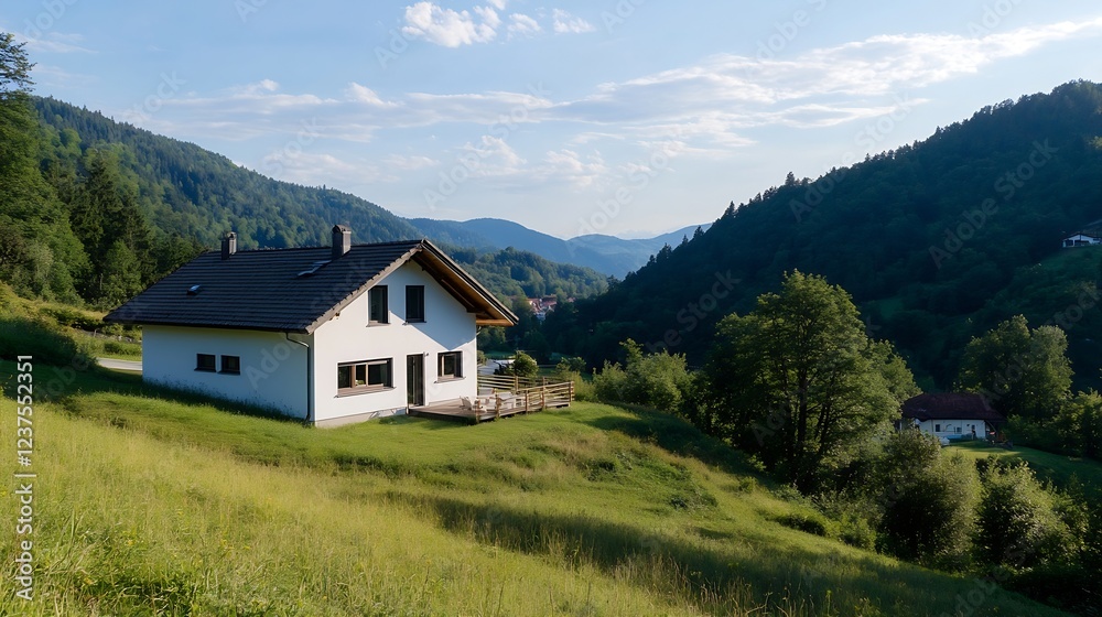 Charming Countryside House with Scenic Mountain Views and Green Meadows Under Blue Sky : Generative AI Charming Countryside House with Scenic Mountain Views and Green Meadows Under Blue Sky : Generative AI