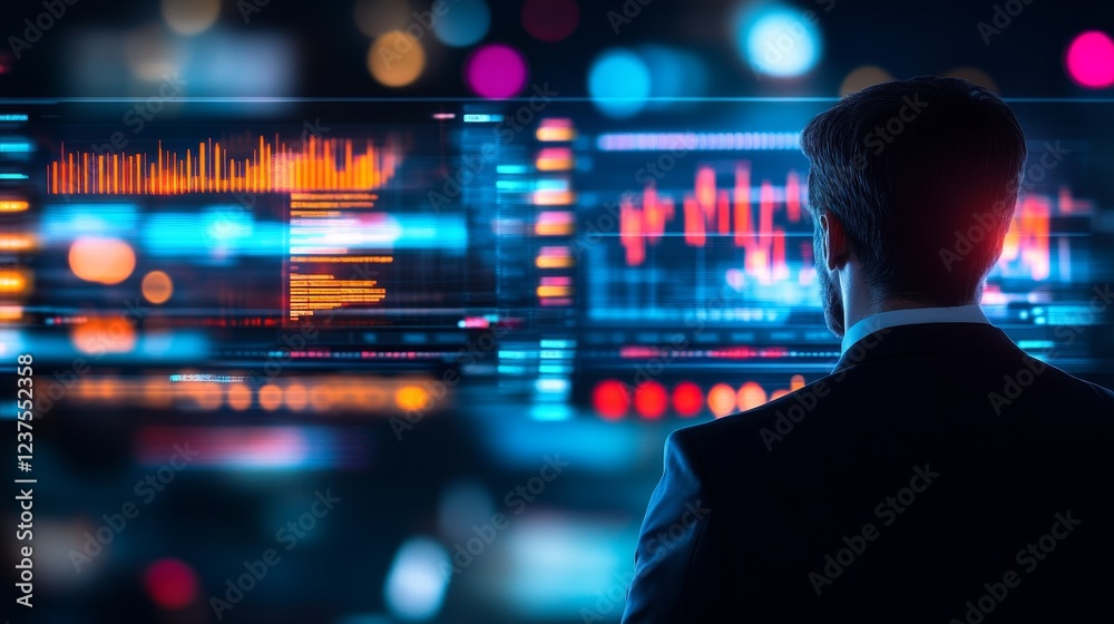 Business professional analyzing data trends on digital screens in a modern office environment Business professional analyzing data trends on digital screens in a modern office environment