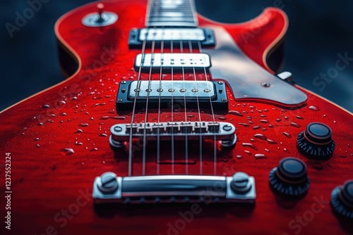 Red electric guitar close-up with water droplets shining on it, Generated AI