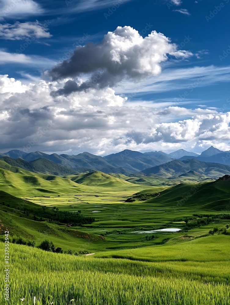Fototapeta premium Breathtaking panoramic view of lush green hills under vibrant blue sky with billowing white clouds : Generative AI