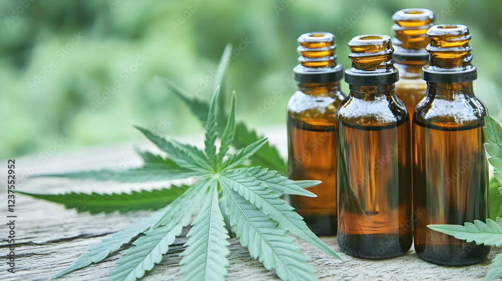 leaves whole seeds and bottles of cannabis and oil on wooden leaves whole seeds and bottles of cannabis and oil on wooden