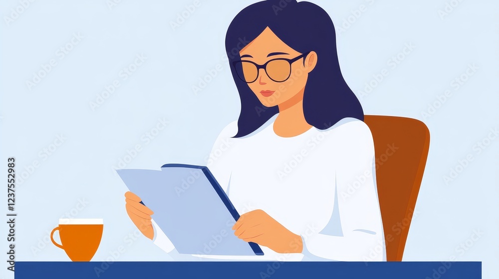 Young woman reading a book at a desk, enjoying a cup of coffee in a calm, minimalist workspace Young woman reading a book at a desk, enjoying a cup of coffee in a calm, minimalist workspace
