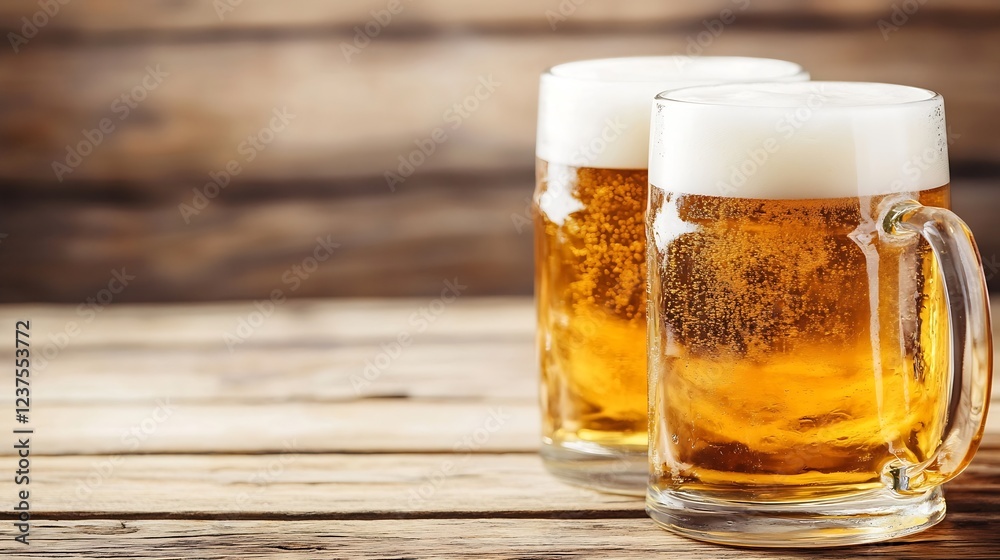 Two Frosty Beer Mugs Filled with Golden Lager on Rustic Wooden Background Perfect for a Celebration or Gathering : Generative AI Two Frosty Beer Mugs Filled with Golden Lager on Rustic Wooden Background Perfect for a Celebration or Gathering : Generative AI