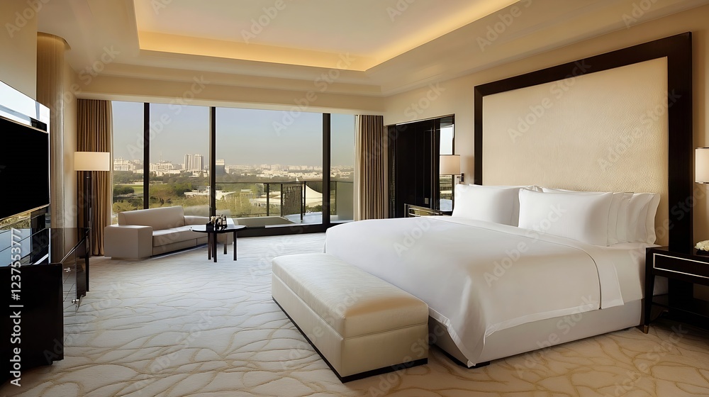 Fototapeta premium Luxurious Hotel Room with Scenic View Through Large Windows and Elegant Interiors : Generative AI
