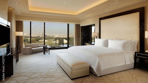 Luxurious Hotel Room with Scenic View Through Large Windows and Elegant Interiors   Generative AI