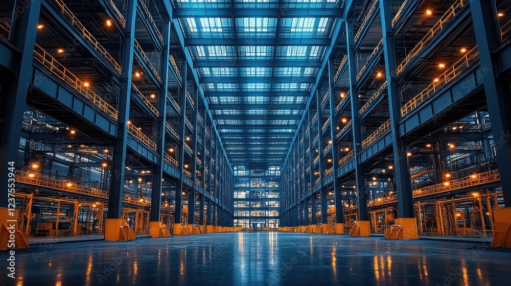 Industrial building interior, vast warehouse, steel structure, machinery, nighttime