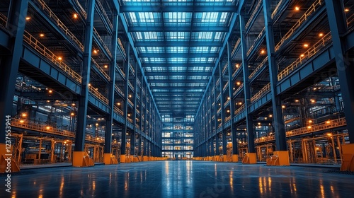 Obraz na płótnie Industrial building interior, vast warehouse, steel structure, machinery, nighttime w salonie