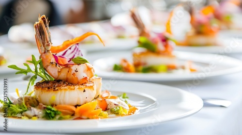 Exquisite gourmet seafood appetizer with shrimp and scallop on plate : Generative AI