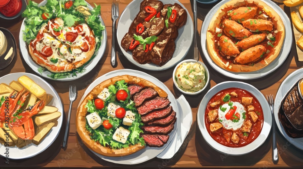 Delicious food spread, overhead view, wooden table, sunny day, restaurant menu Delicious food spread, overhead view, wooden table, sunny day, restaurant menu
