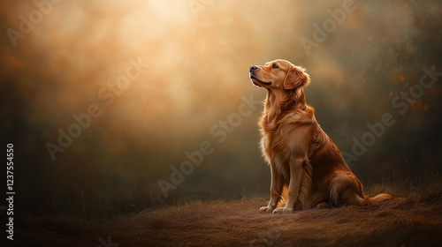 Golden retriever sitting in sunlit field looking up with peaceful expression