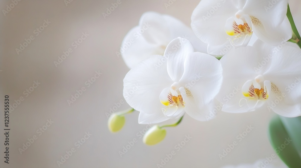 Fototapeta premium Graceful White Orchids with Yellow Center on Soft Neutral Background : Generative AI