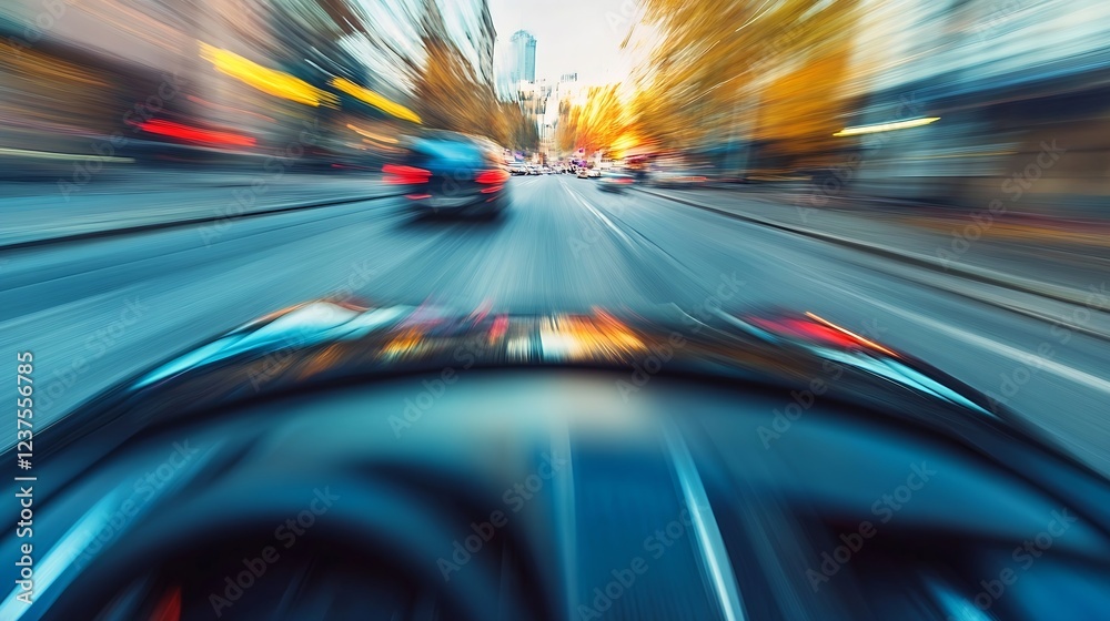 Blurred Motion View from Car Windshield Driving Fast Through a Busy City Street : Generative AI Blurred Motion View from Car Windshield Driving Fast Through a Busy City Street : Generative AI