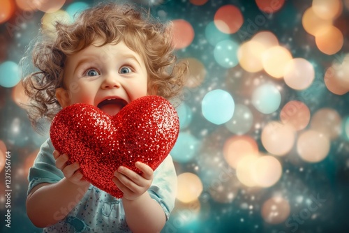 Ð¡hildren valentine's day greeting card: child boy with amazed face holds red heart in hands. Commercial idea. Sign of love. Family valentine's gift idea. Child showing love sign. photo