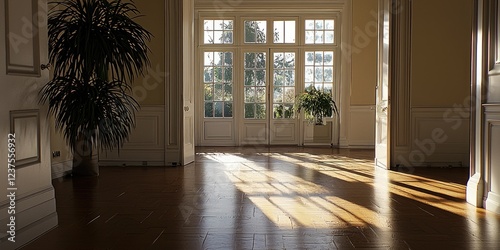 Sunlight streaming through large windows in a spacious hall. photo