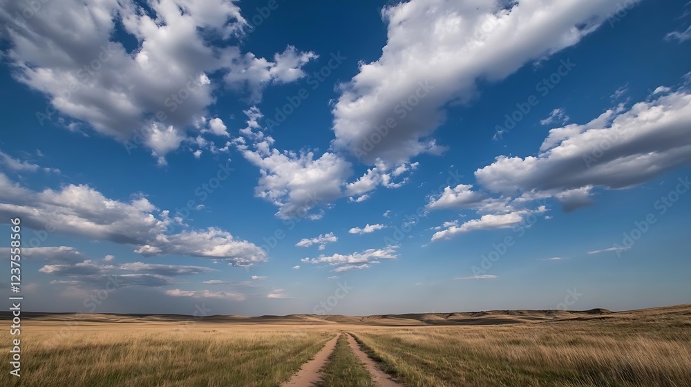 Rustic dirt road winding through expansive open fields under partly cloudy sky : Generative AI Rustic dirt road winding through expansive open fields under partly cloudy sky : Generative AI