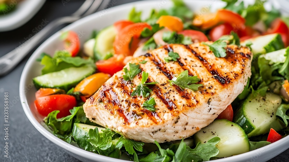 Grilled Chicken Breast on Fresh Vegetable Salad with Tomatoes and Cucumbers : Generative AI