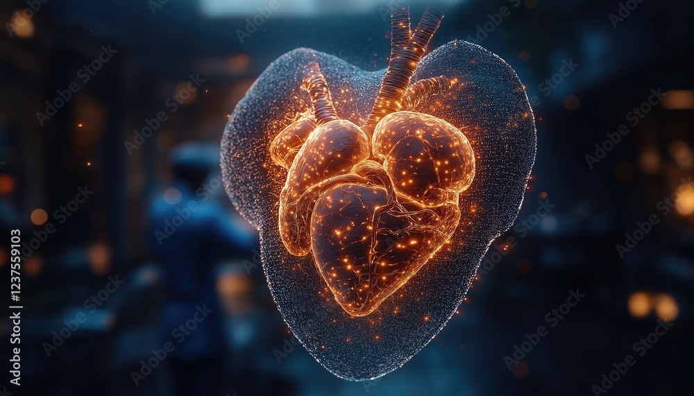 Obraz premium Medical Technology Digital Heart Model Glowing in Abstract Dark Setting