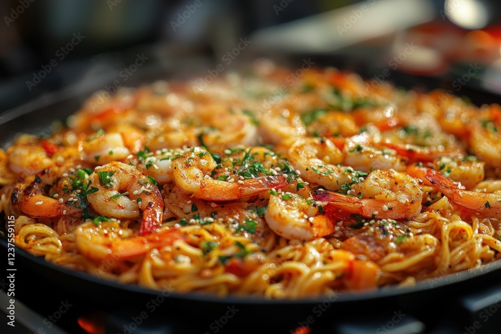 Delicious shrimp scampi with noodles served on plate, cooked to perfection, Generated AI Delicious shrimp scampi with noodles served on plate, cooked to perfection, Generated AI