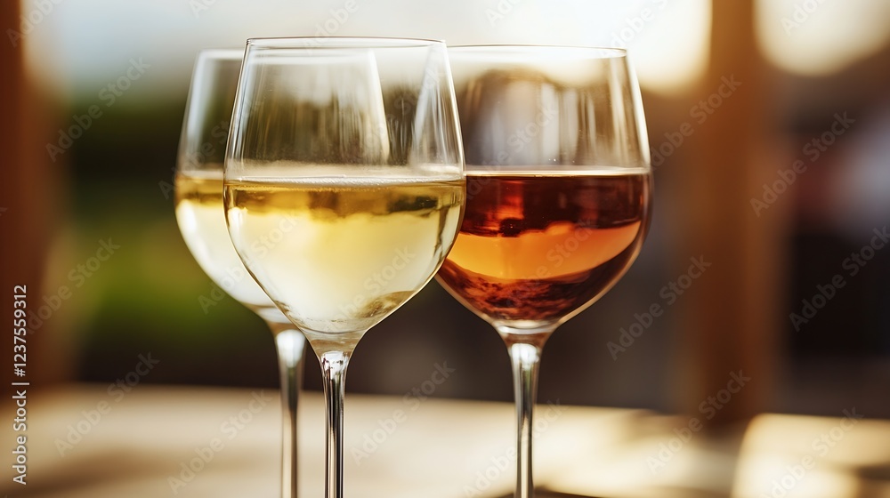 Trio of Wine Glasses with White and Rosé Wine in Sunlit Setting : Generative AI Trio of Wine Glasses with White and Rosé Wine in Sunlit Setting : Generative AI