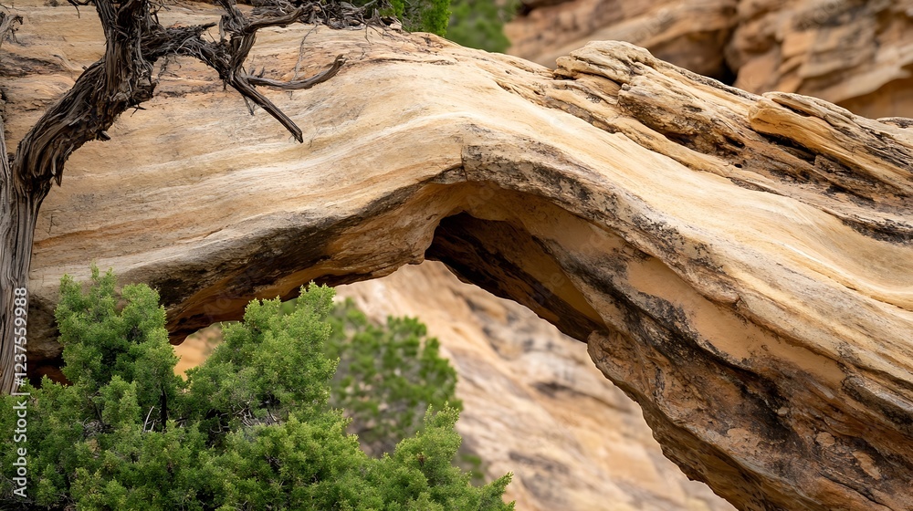 Obraz premium Scenic Sandstone Arch in Desert Landscape with Green Foliage : Generative AI