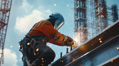 An ironworker welding steel beams at a skyscraper construction site, with sparks flying against a backdrop of cranes and scaffolding, Steel erection scene