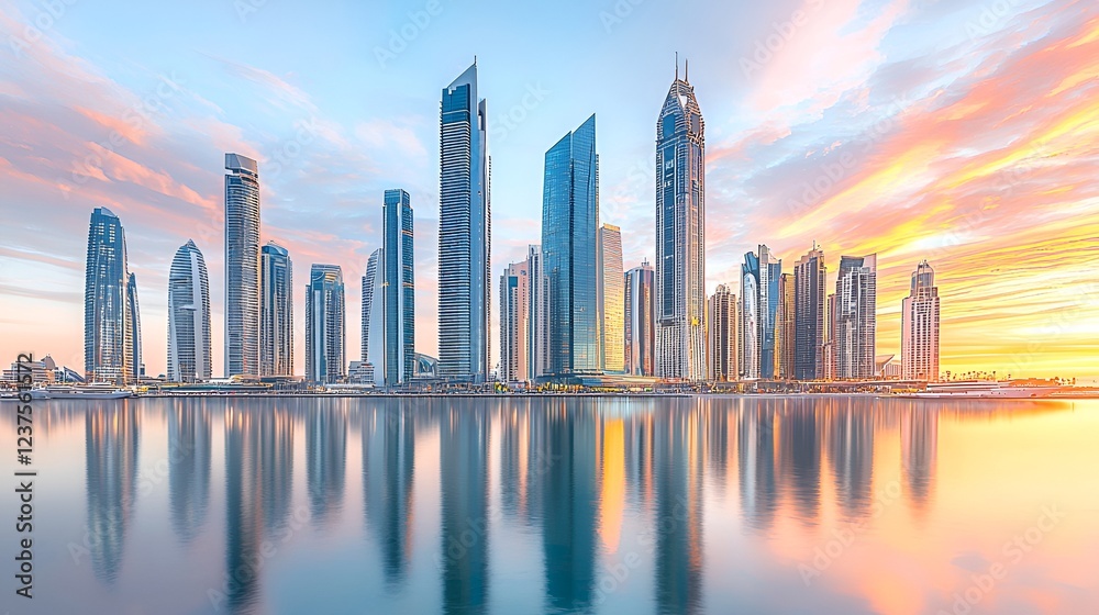 Fototapeta premium Cityscape sunrise, waterfront reflections, skyscrapers, Middle East, travel