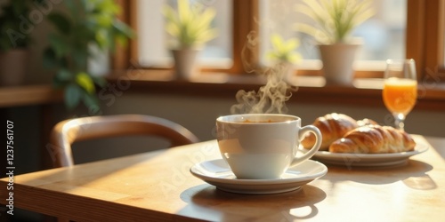 Wallpaper Mural Morning sunlight illuminates a steaming cup of coffee and freshly baked pastries on a table Torontodigital.ca