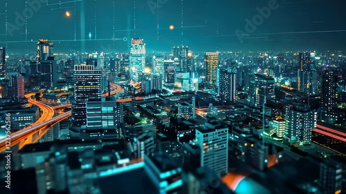 Big data connection technology. Cityscape telecommunication and communication network concept. Smart city and digital transformation.