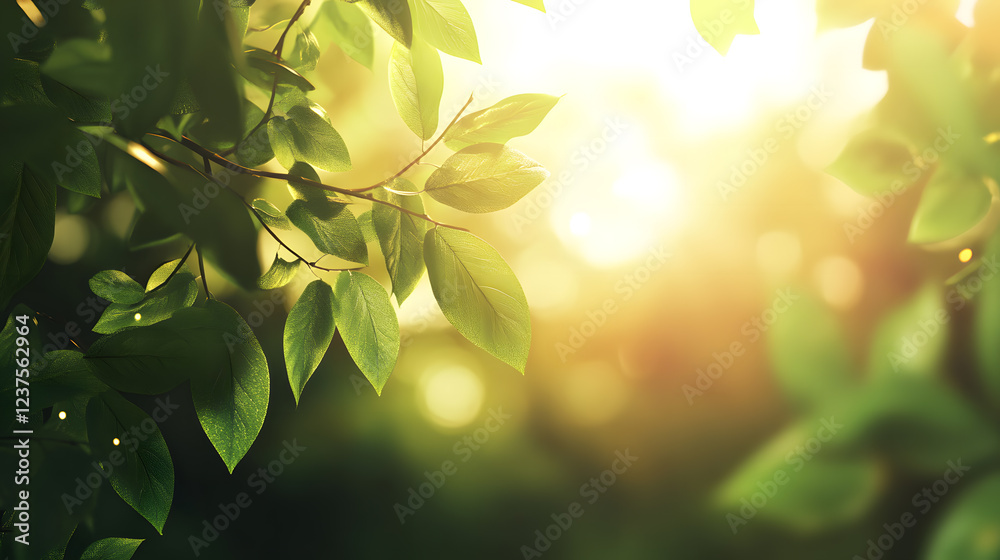 Soft sunlight shining through lush green leaves, creating a harmonious and peaceful natural atmosphere. Soft sunlight shining through lush green leaves, creating a harmonious and peaceful natural atmosphere.