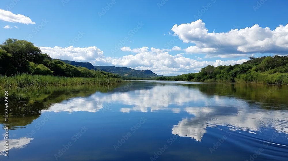 Fototapeta premium Serene Lake with Reflective Water and Idyllic Landscape under Clear Blue Skies : Generative AI