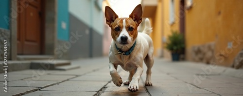 Perro cocker en la calle con las patas juntas mientras espera, atenci?n, piso