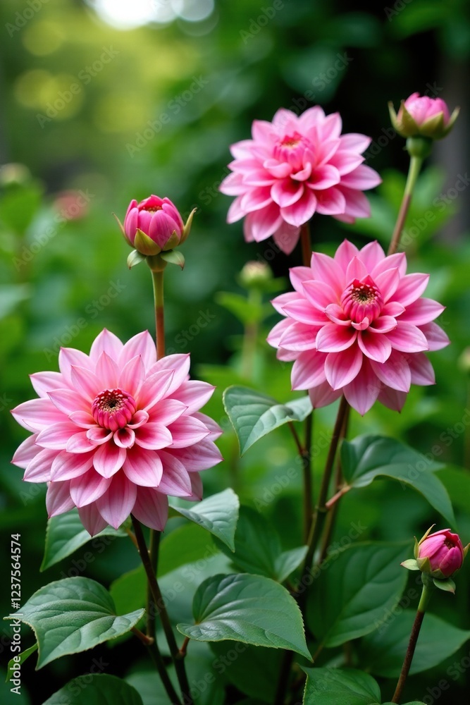 Fototapeta premium Pink dahlia blooms in a lush garden with greenery and foliage, botanical, pink