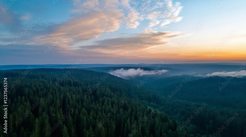 Fototapeta premium Majestic aerial view of vast dense forest and distant horizon at sunrise with vibrant sky : Generative AI