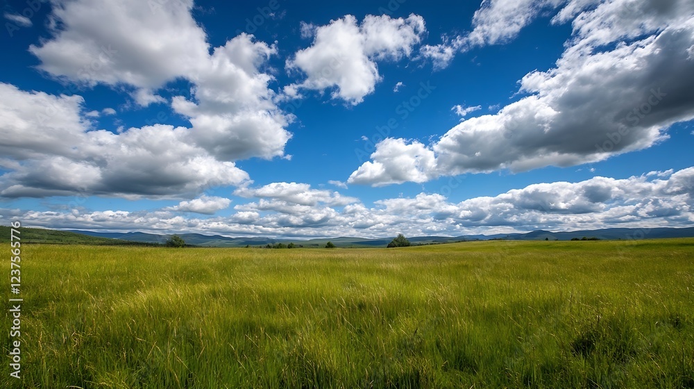 Fototapeta premium Vast Green Field Under Blue Sky with Fluffy White Clouds : Generative AI