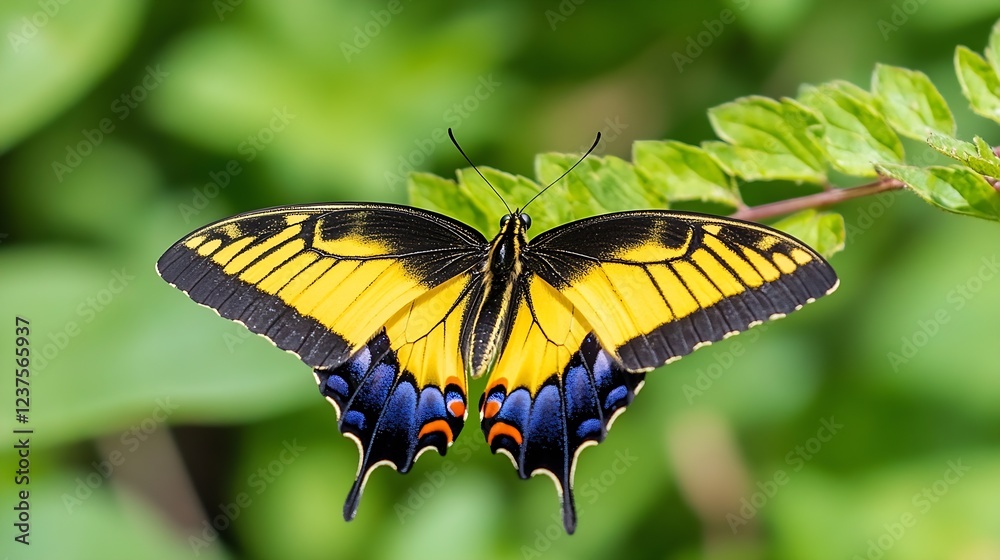 Obraz premium Yellow and Black Swallowtail Butterfly with Blue Highlights on Leafy Green Background : Generative AI