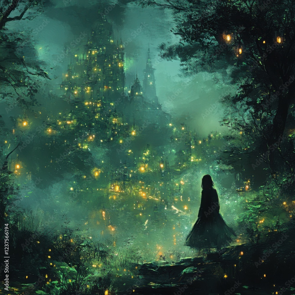 Obraz premium Enchanted Forest with Glowing Lights and Mysterious Castle View