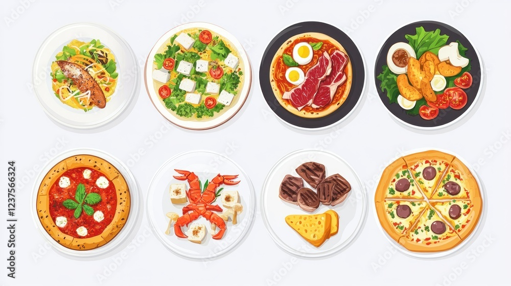 Overhead view of various Italian dishes