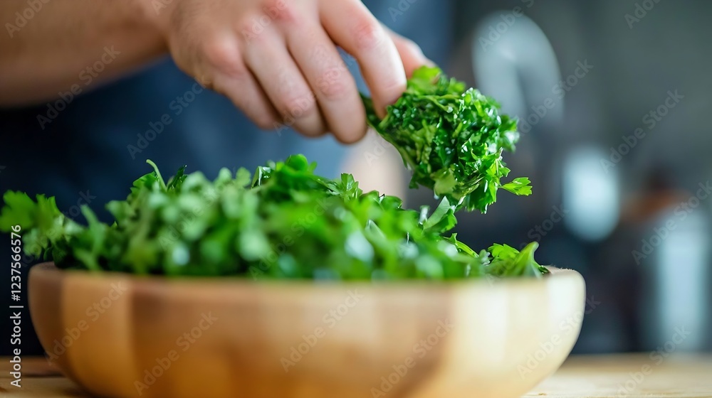 Fresh Green Herbs Being Added to a Wooden Bowl for a Healthy Meal : Generative AI