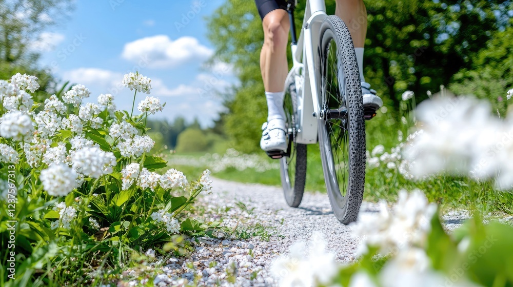 Naklejka premium Cyclist rides gravel path, wildflowers blooming, sunny day, outdoor leisure activity