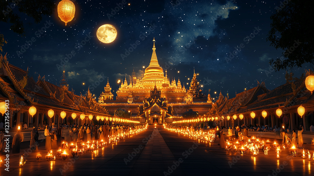 Obraz premium A large Buddhist temple during Vesak Poya, with a large golden stupa in the center. The temple is lit by hundreds of lanterns and candles, casting a warm glow all around