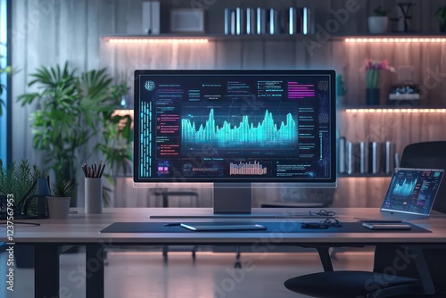 AI algorithms performance visualized holographically in a contemporary workspace.