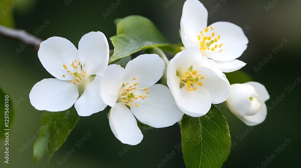 Obraz premium Delicate White Blossoms with Fresh Green Leaves in Natural Springtime Setting : Generative AI