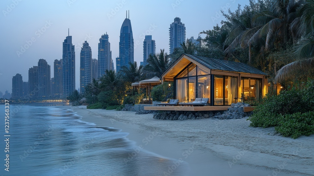 Fototapeta premium Luxury Beachfront Cabin with City Skyline View
